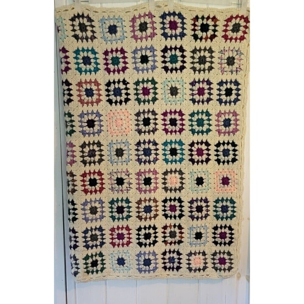 Granny Square Crochet Multicolor Cream Vintage Afghan Blanket